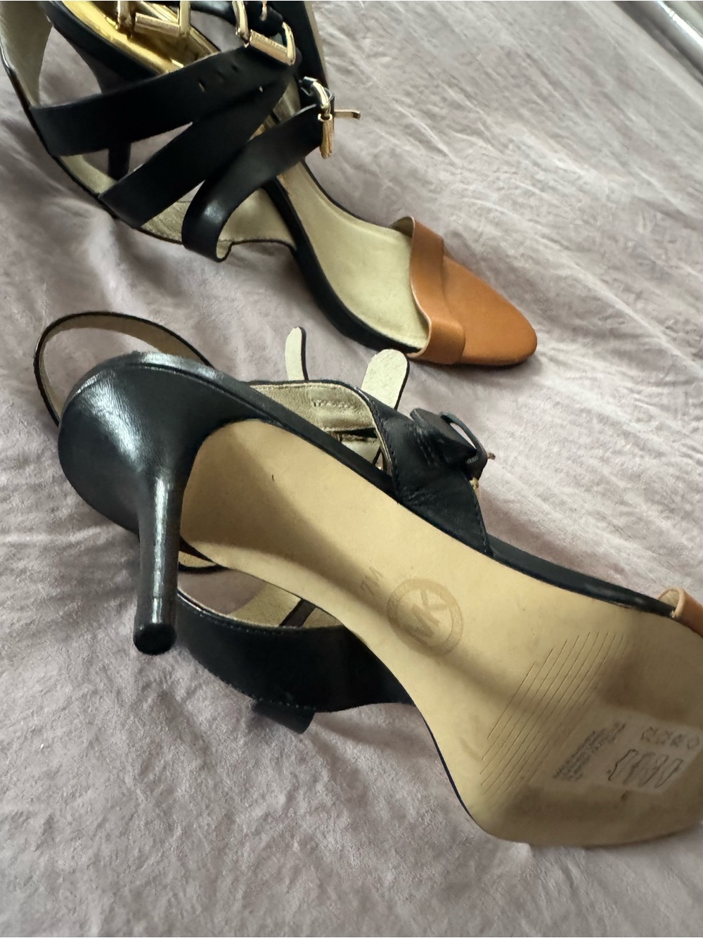 Michael Kors Black and Tan Strappy Stiletto Heels